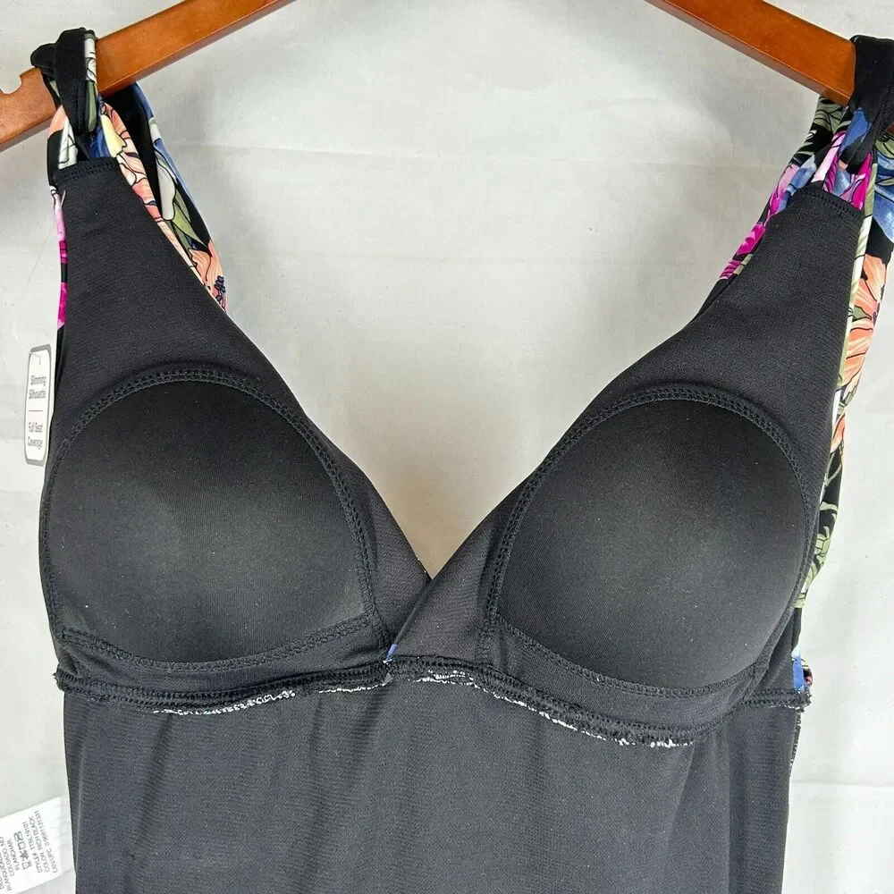 Time and Tru NEW One Piece Swimsuit S Black with Pink Blue Yellow Floral NWT - Picture 5 of 8